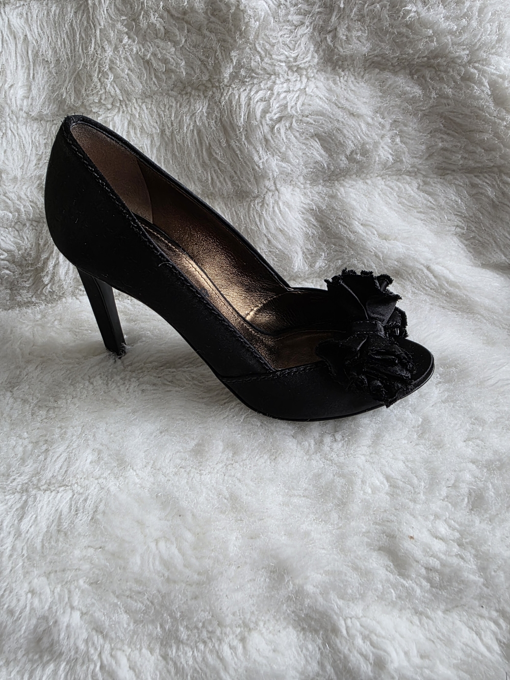 Lanvin Black Satin Peep-Toe Heel with Rosette Accent